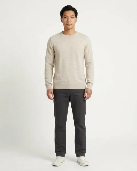 AI-generated fictional clothing demonstration: front view