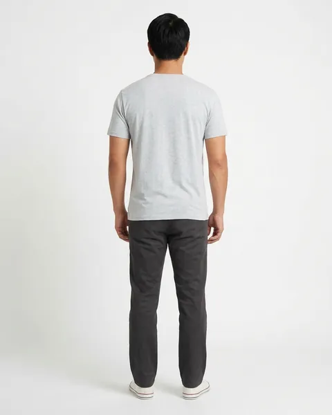 Fictional AI model Kai — back view in a neutral studio