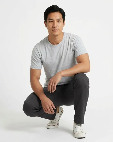 Fictional AI model Kai — crouching view in a neutral studio