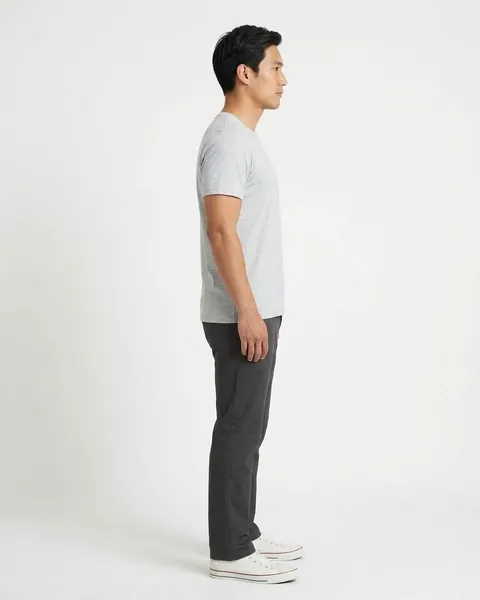 Fictional AI model Kai — side view in a neutral studio