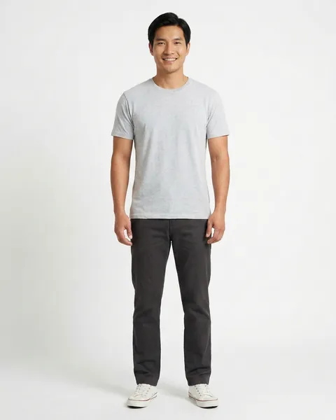 Fictional AI model Kai — smiling view in a neutral studio