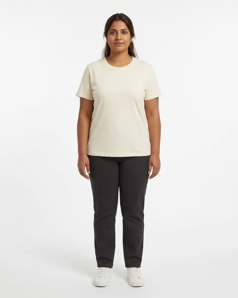 Fictional AI model Leila — front / natural view in a neutral studio