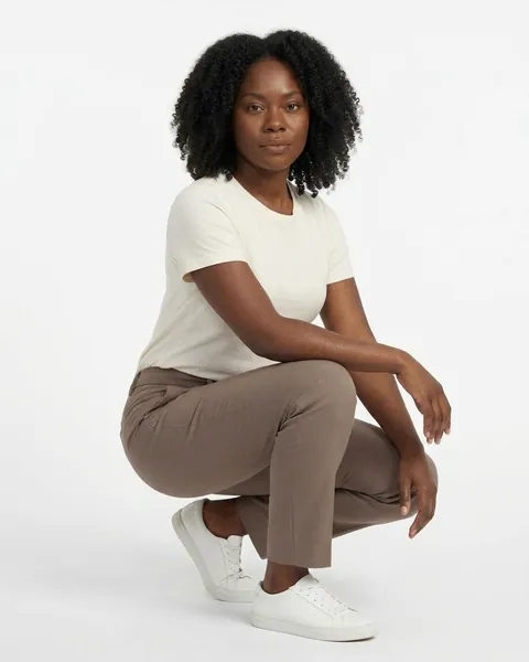 Fictional AI model Maya — crouching view in a neutral studio