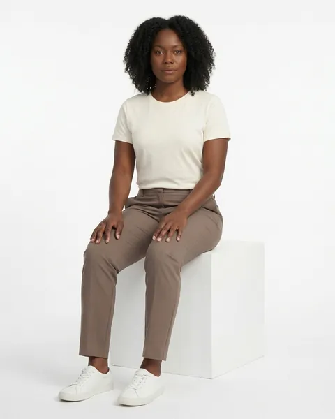 Fictional AI model Maya — seated view in a neutral studio