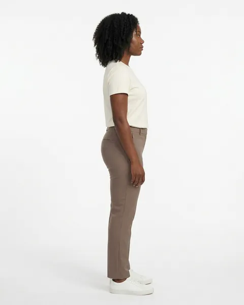 Fictional AI model Maya — side view in a neutral studio