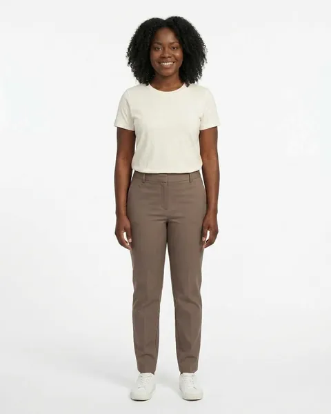 Fictional AI model Maya — smiling view in a neutral studio
