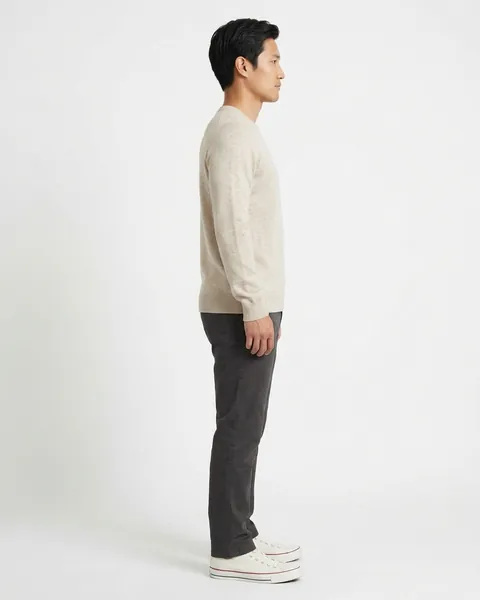AI-generated fictional clothing demonstration: side view