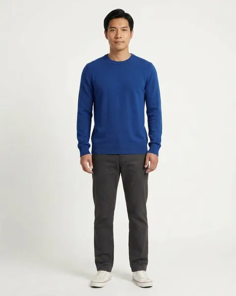 AI-generated fictional clothing demonstration: blue colorway