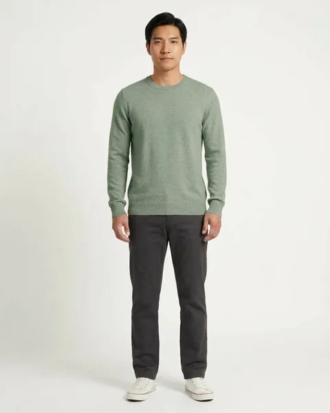 AI-generated fictional clothing demonstration: sage colorway
