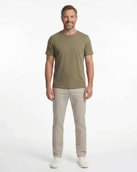 Fictional AI model Theo — smiling view in a neutral studio