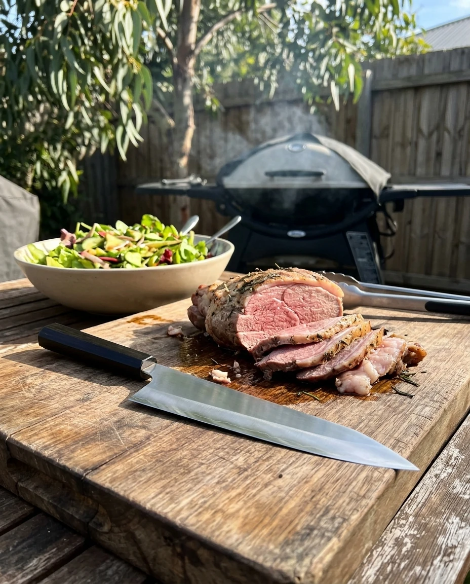 AI-generated ebony gyuto photography: backyard barbecue