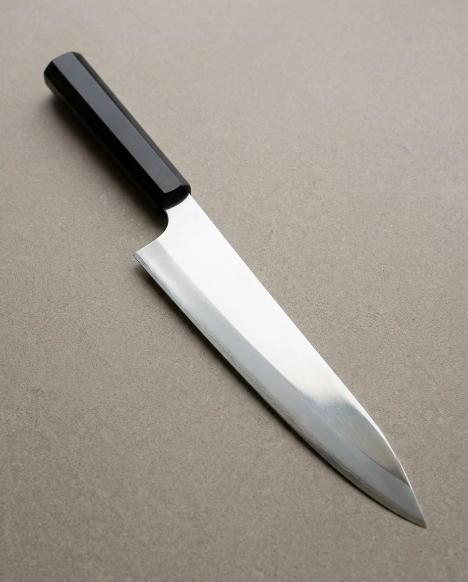 AI-generated ebony gyuto photography: daylight, stone