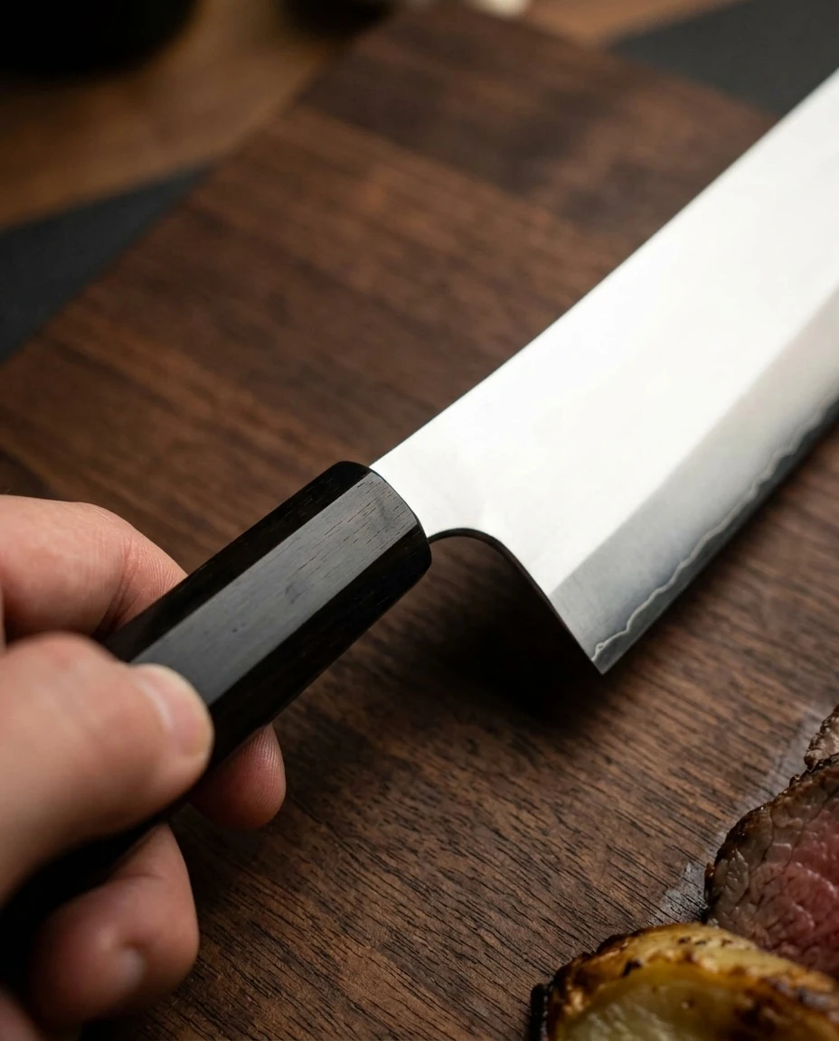 AI-generated ebony gyuto photography: octagonal ebony