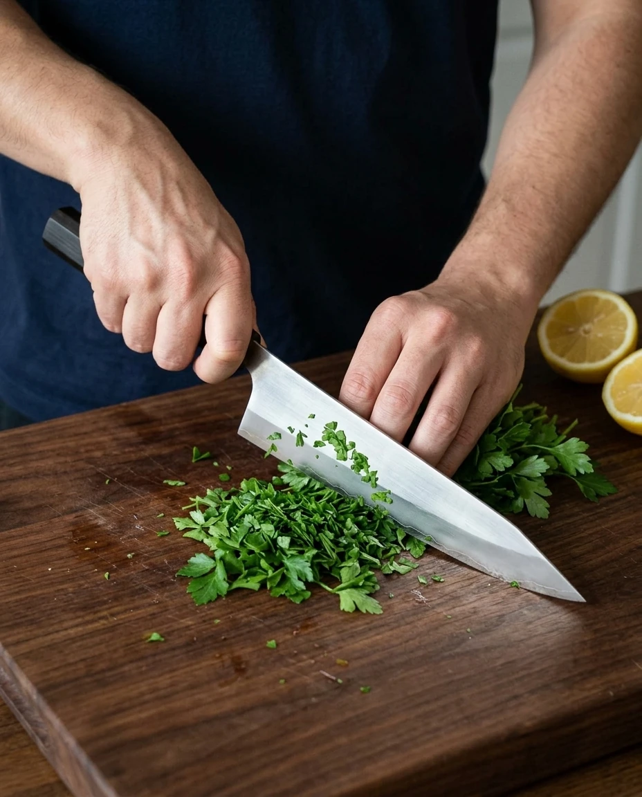 AI-generated ebony gyuto photography: chopping parsley