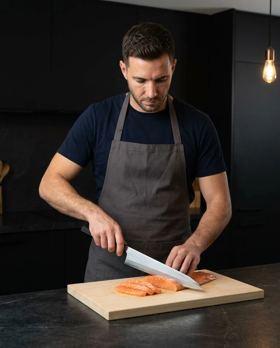 AI-generated ebony gyuto photography: slicing salmon