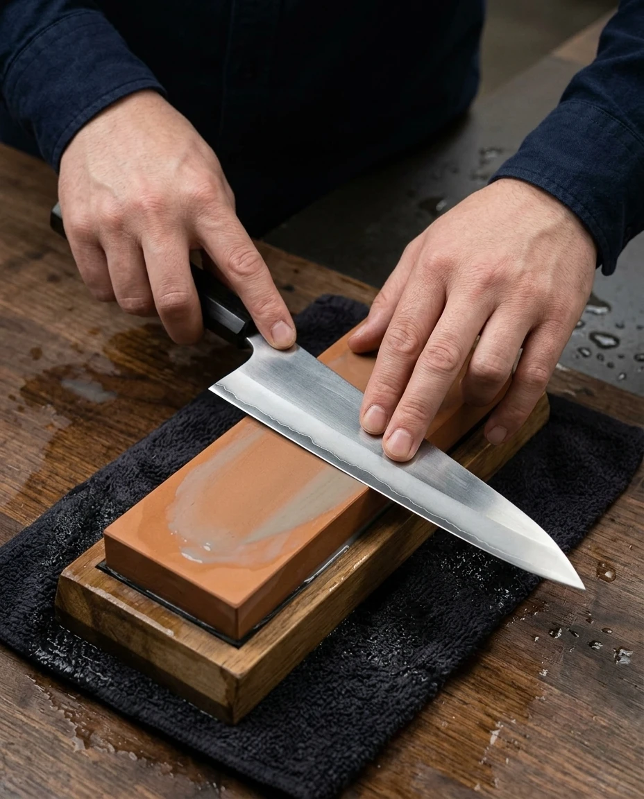 AI-generated ebony gyuto photography: on the water stone