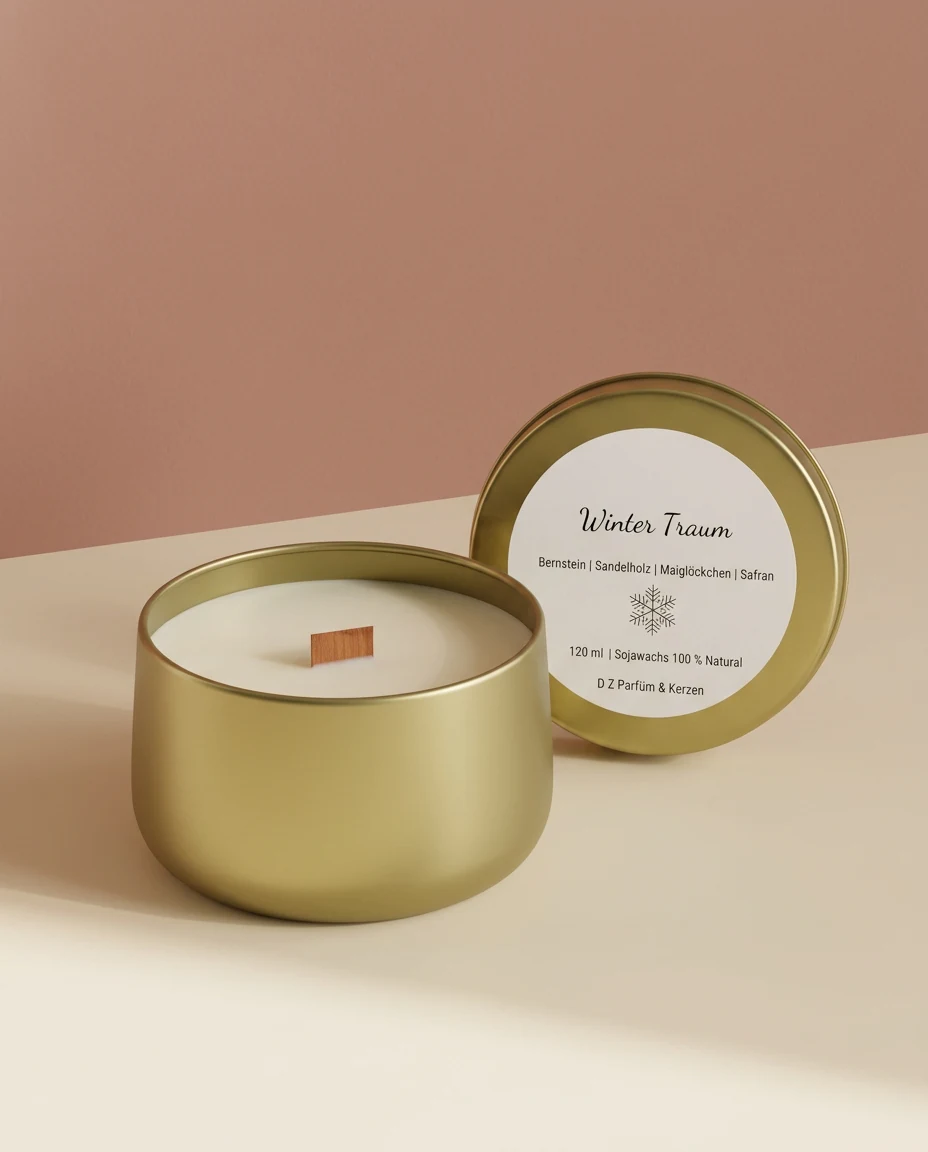 AI-generated gold tin candle photography: soft daylight