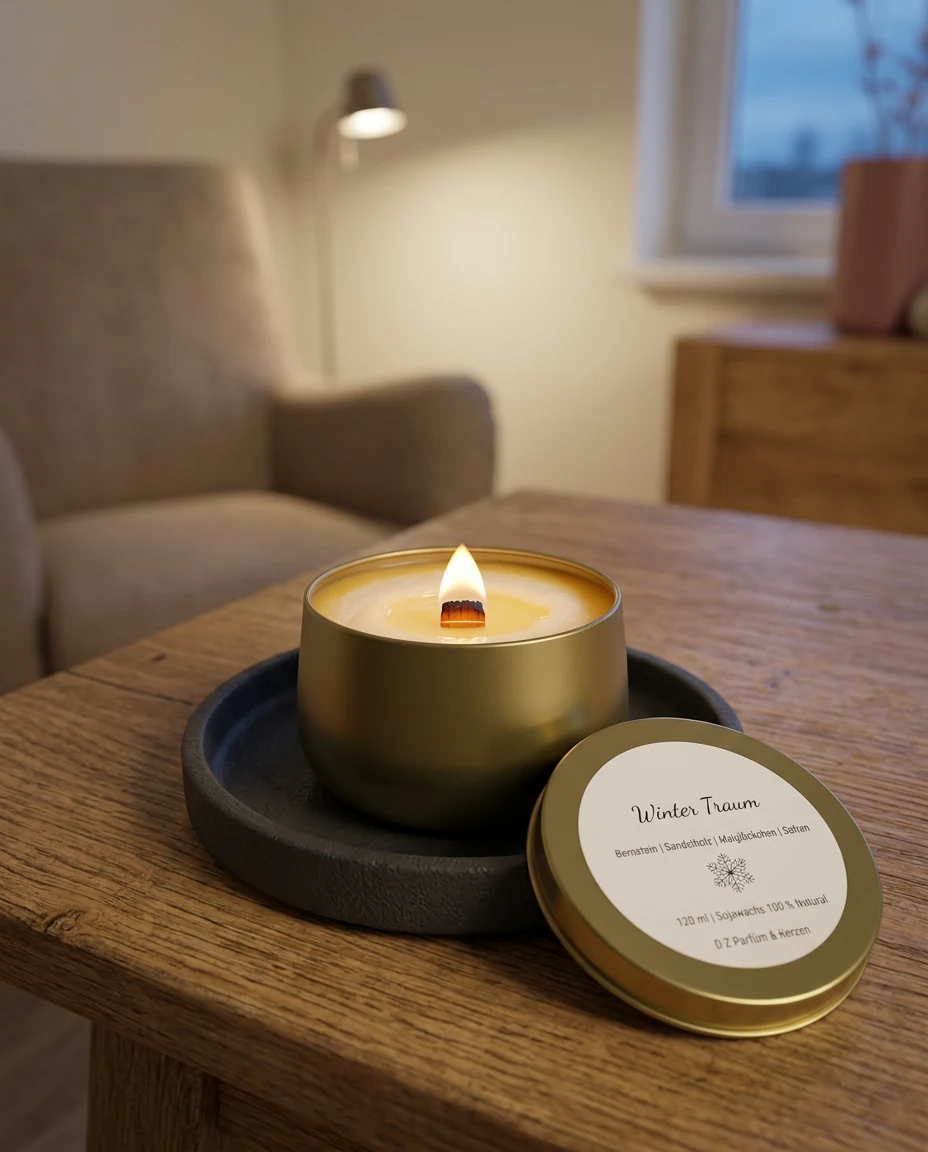 AI-generated gold tin candle photography: evening glow