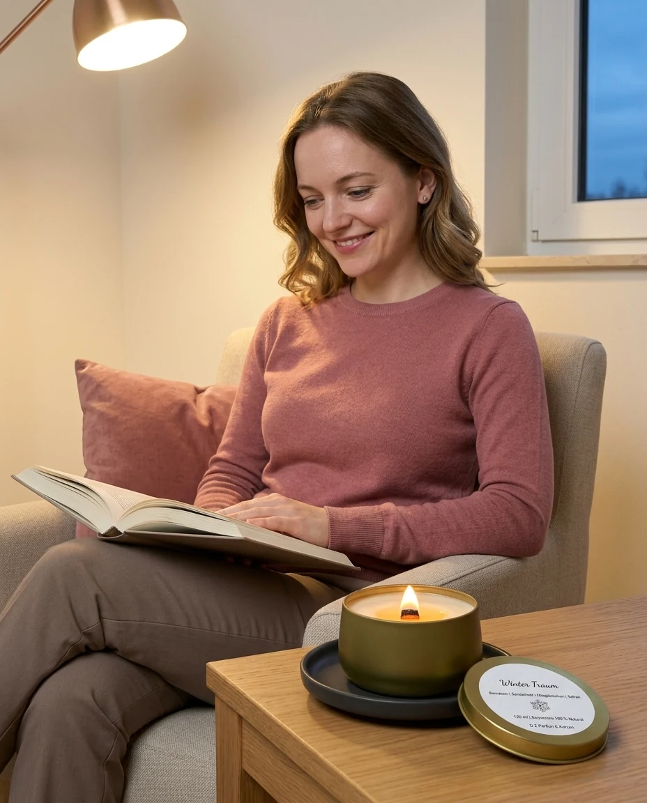 AI-generated gold tin candle photography: reading at dusk