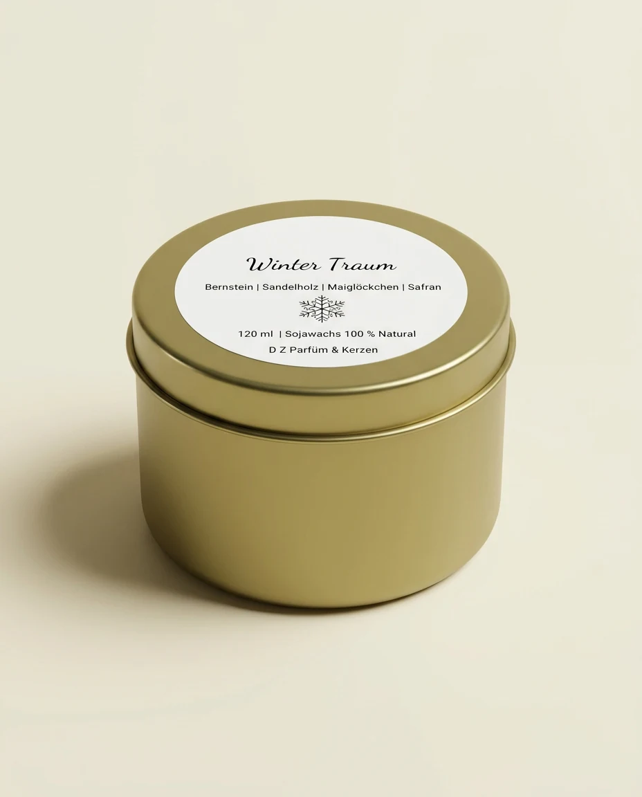 AI-generated gold tin candle photography: closed tin