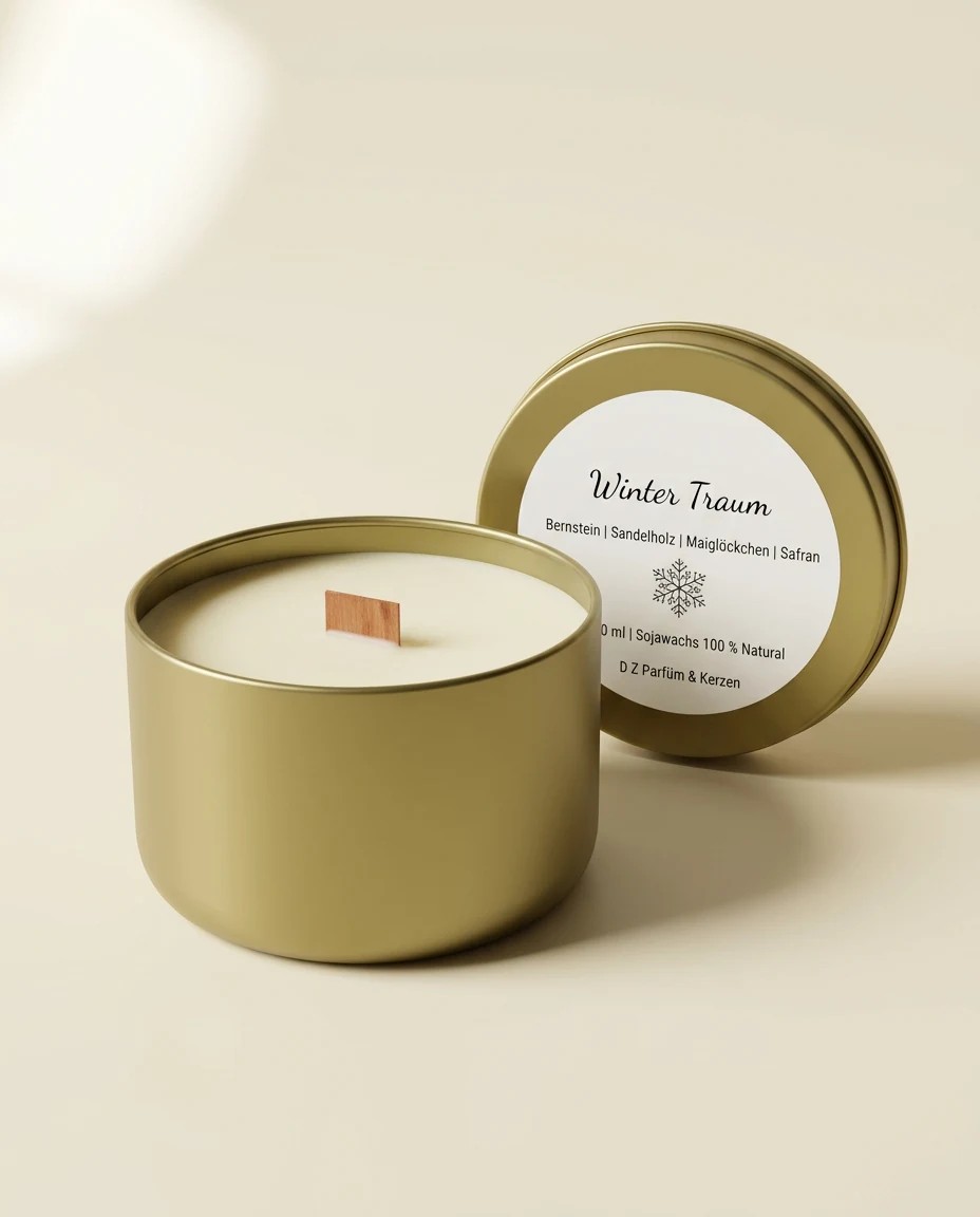 AI-generated gold tin candle photography: open tin