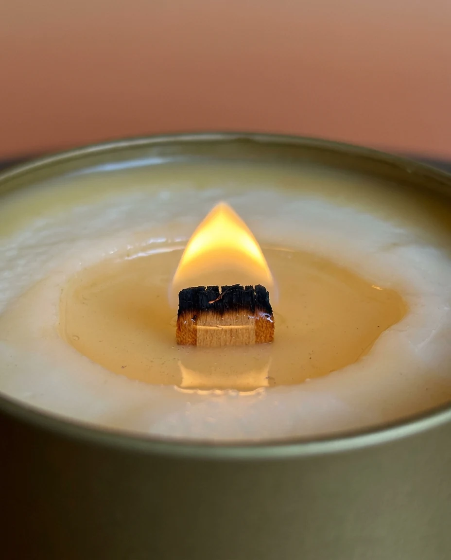 AI-generated gold tin candle photography: the wooden wick