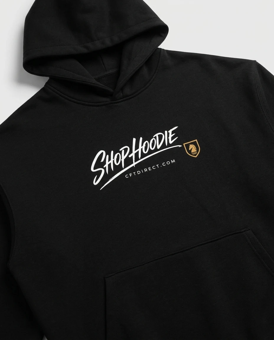 AI-generated black graphic hoodie photography: chest detail