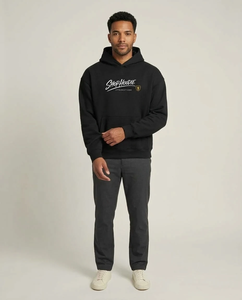 AI-generated black graphic hoodie photography: in motion