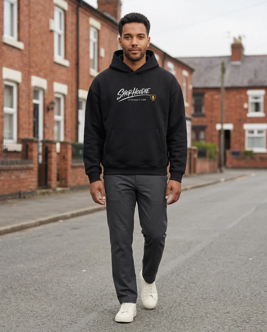 Black graphic hoodie — AI-generated city walk