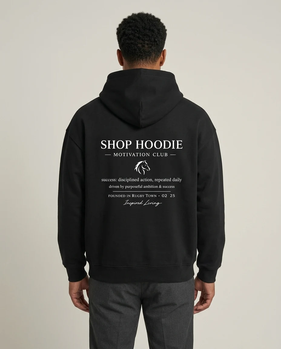 AI-generated black graphic hoodie photography: rear graphic