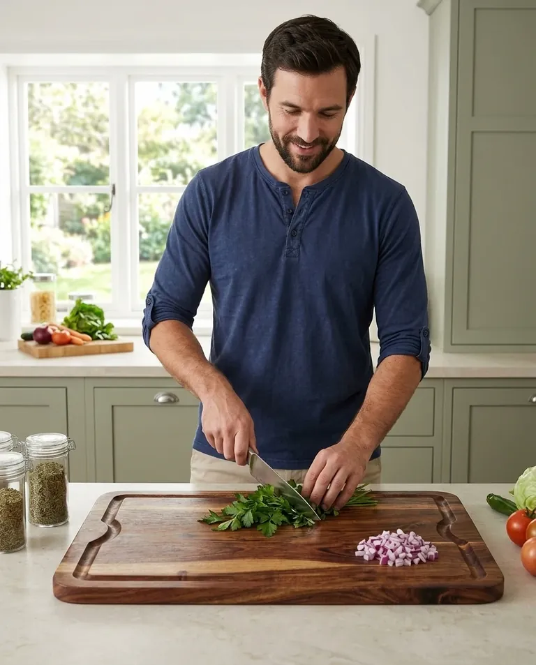 AI-generated man chopping fresh parsley on a large acacia cutting board with a juice groove