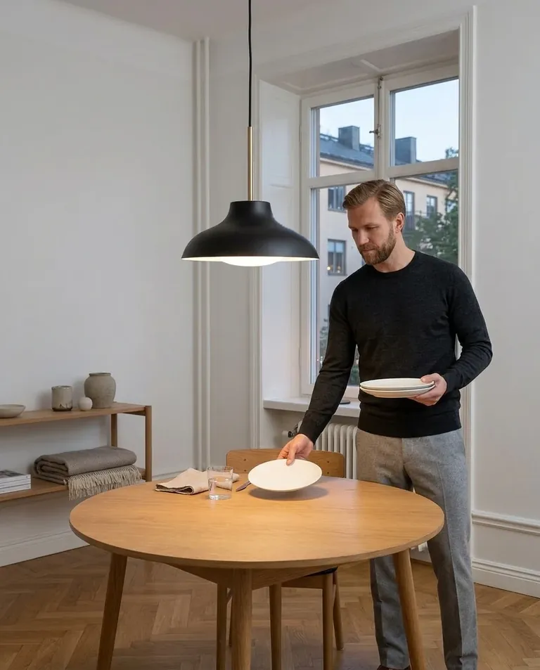 AI-generated man setting a round oak table under a black and brass pendant in a Stockholm apartment