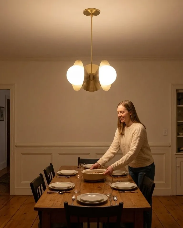 AI-generated woman setting a dinner table under a lit brass three-globe chandelier