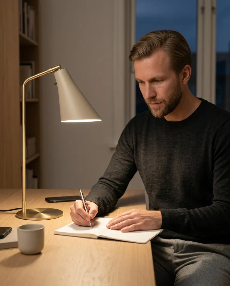 AI-generated man writing at a desk lit by a light-sand table lamp with a brass arm