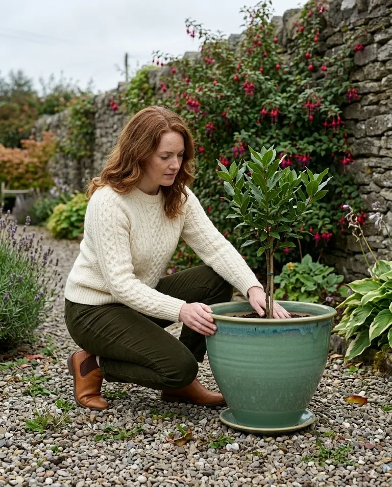 AI-generated woman planting a bay tree in a large sea-green stoneware flowerpot in a cottage garden