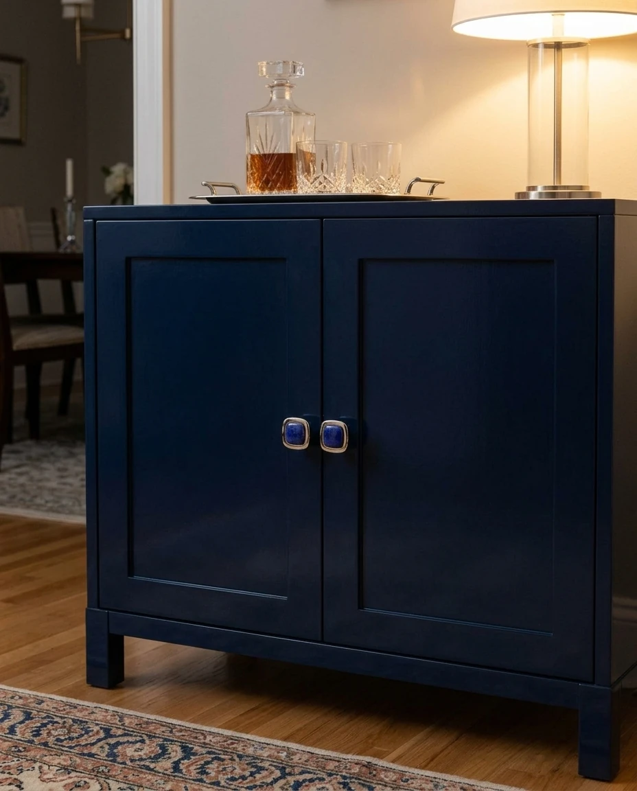 AI-generated lapis square knob photography: bar cabinet, evening