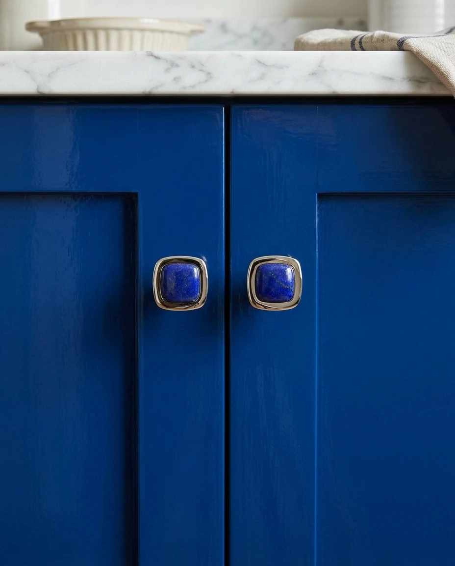 AI-generated lapis square knob photography: a pair on blue doors