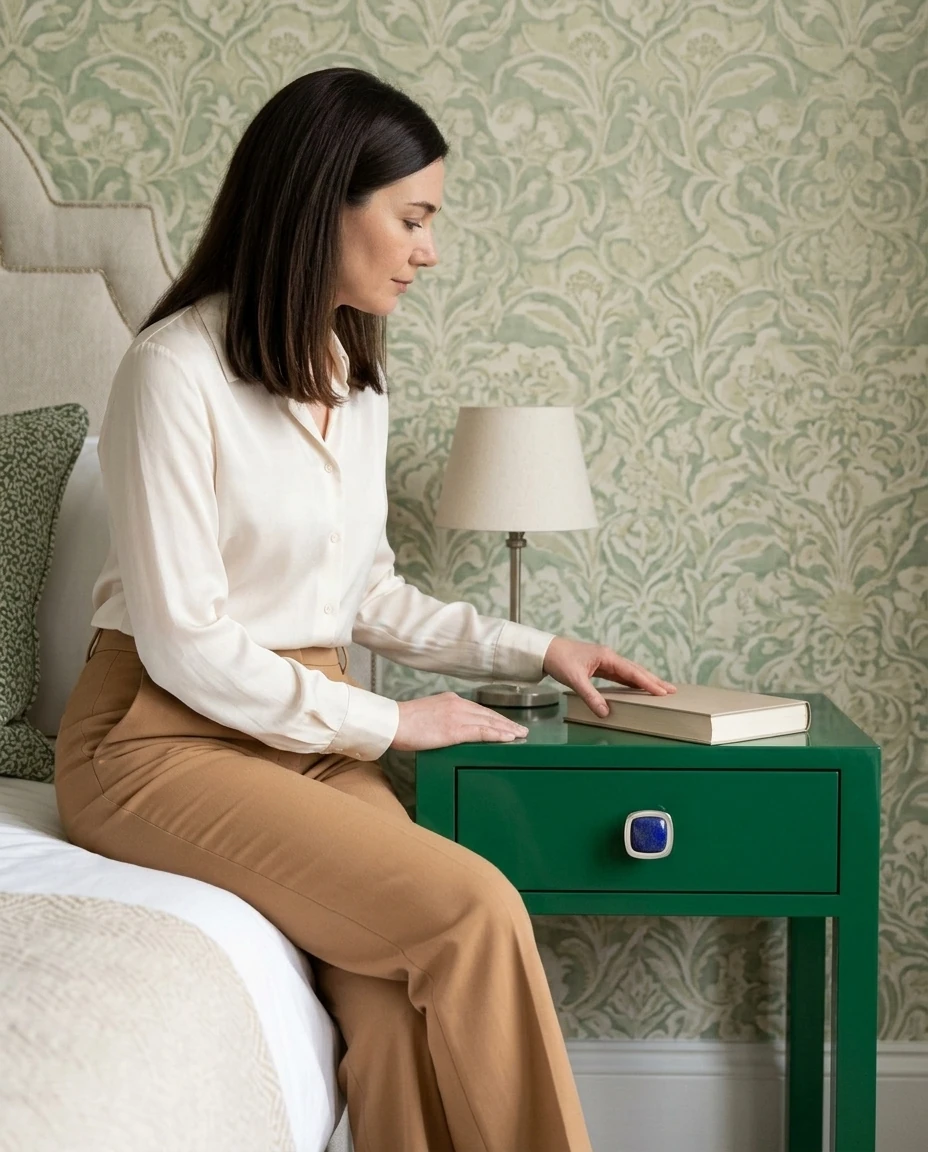 AI-generated lapis square knob photography: at the nightstand