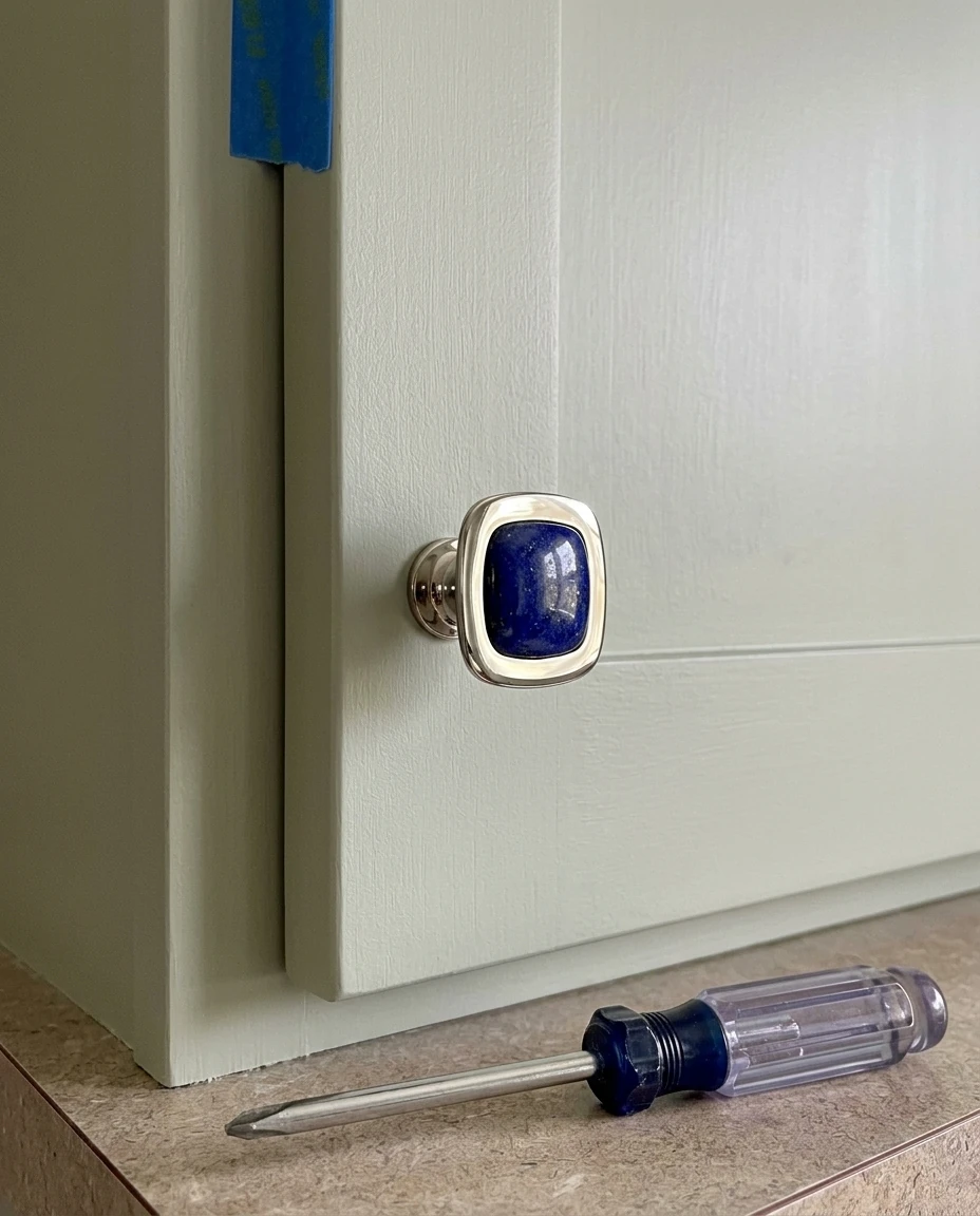 AI-generated lapis square knob photography: just installed