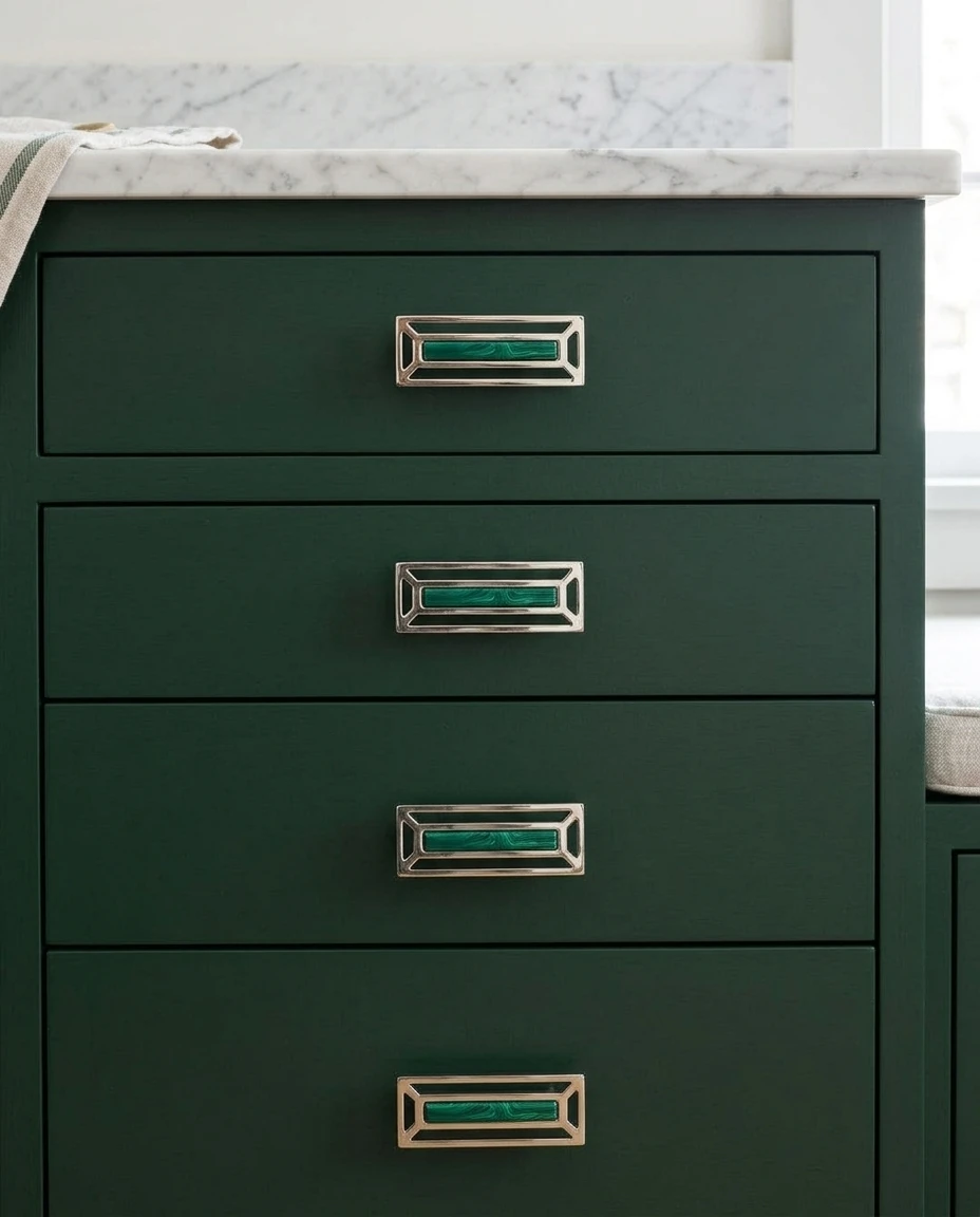 AI-generated malachite frame pull photography: green kitchen drawers