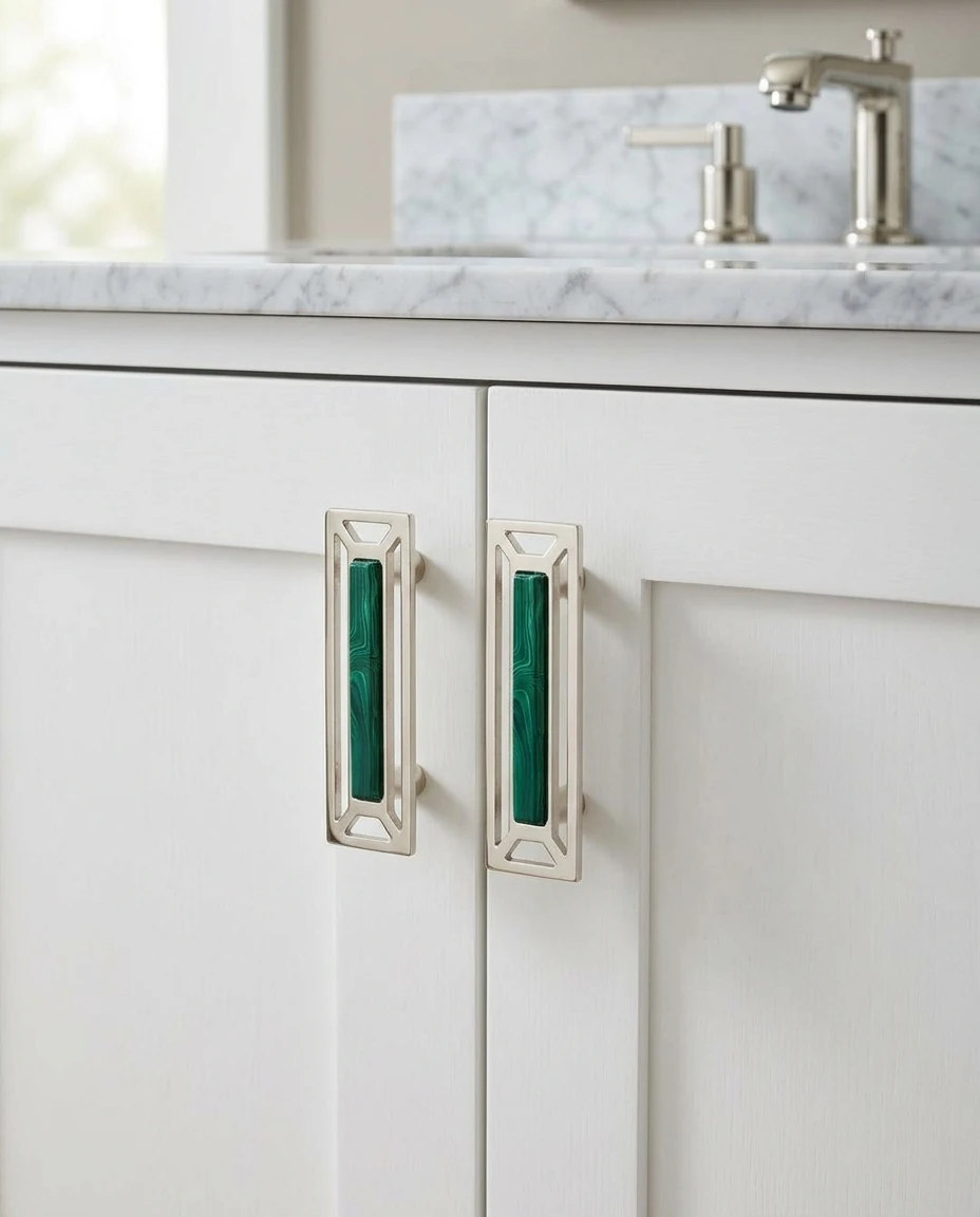 AI-generated malachite frame pull photography: vertical on a vanity