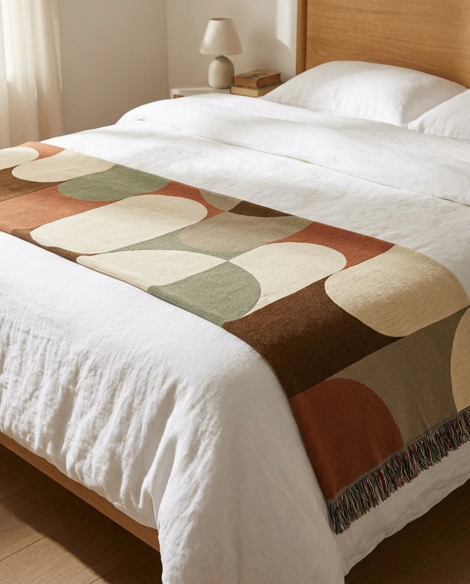 AI-generated mid-century shapes throw photography: at the foot of the bed