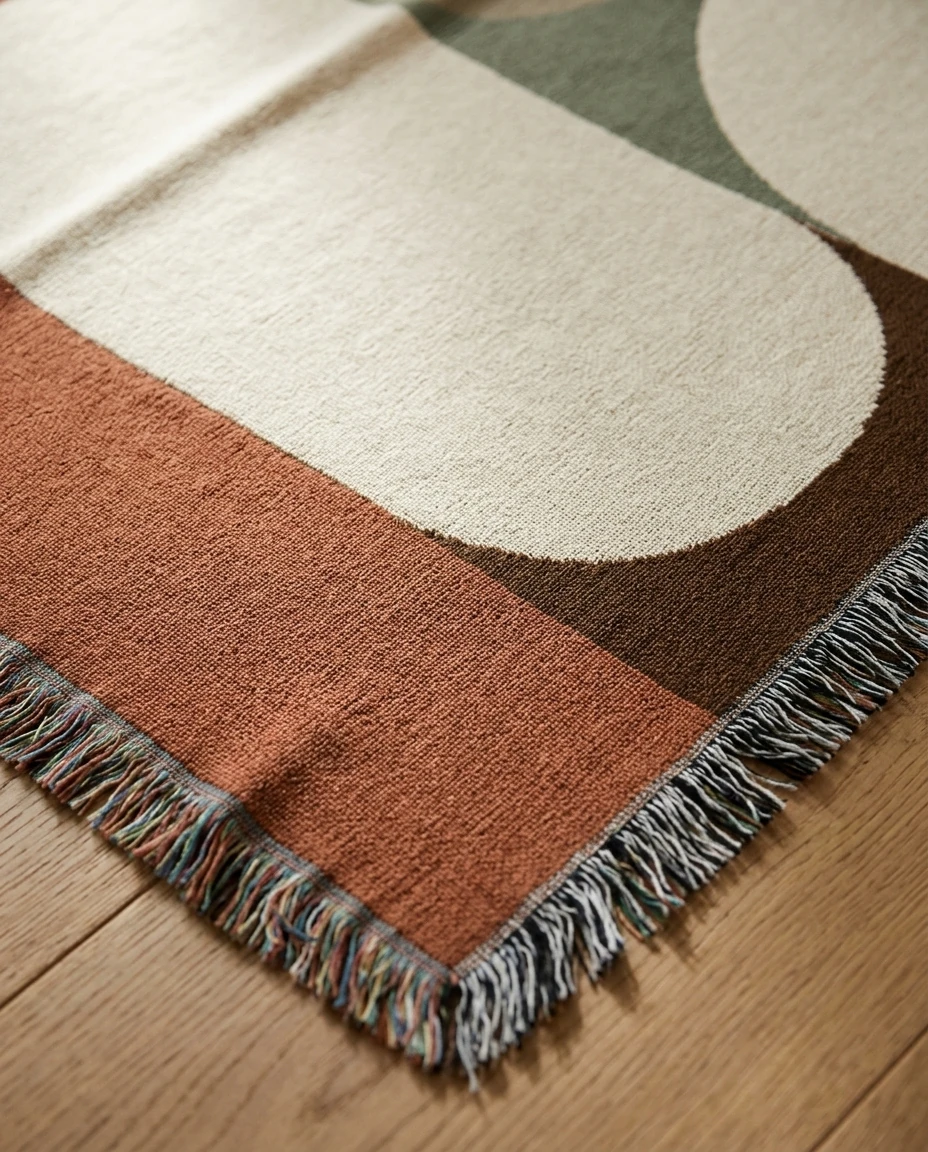 AI-generated mid-century shapes throw photography: weave and fringe