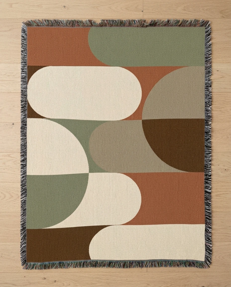 AI-generated mid-century shapes throw photography: the full design