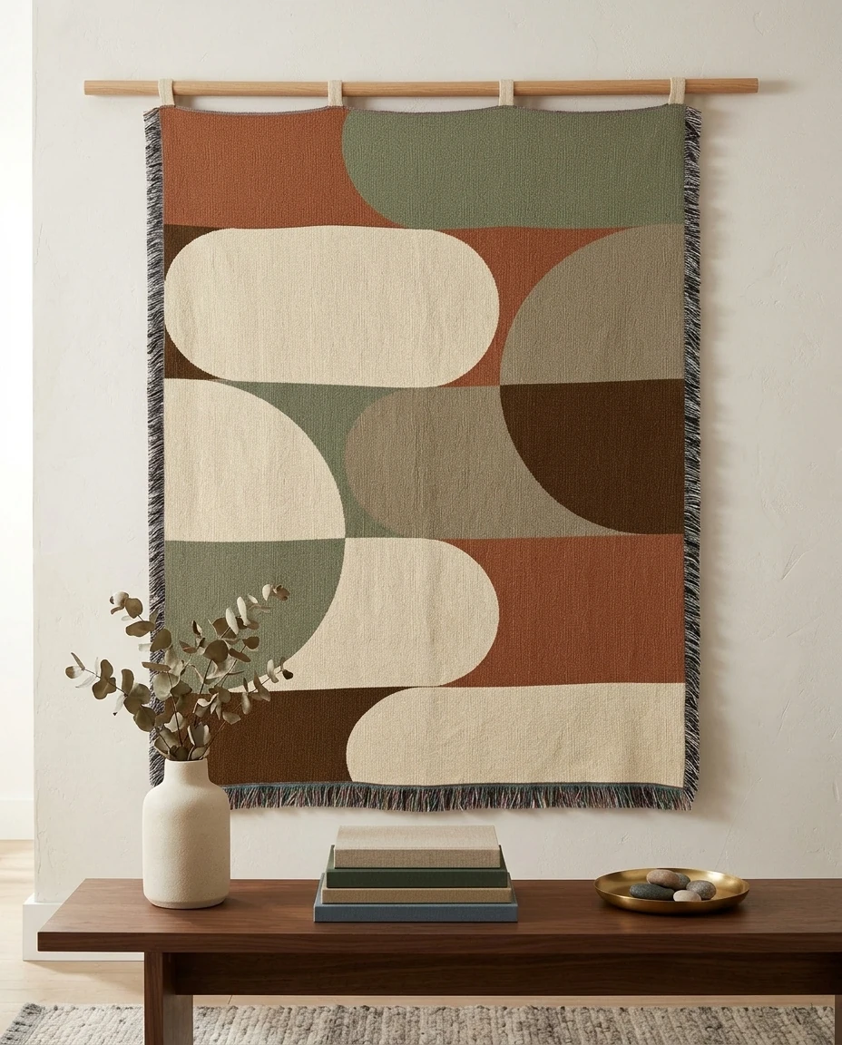 Mid-century shapes throw in an AI-generated setting