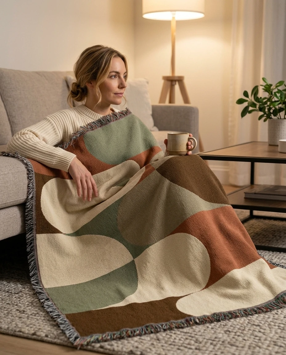 AI-generated mid-century shapes throw photography: evening on the rug