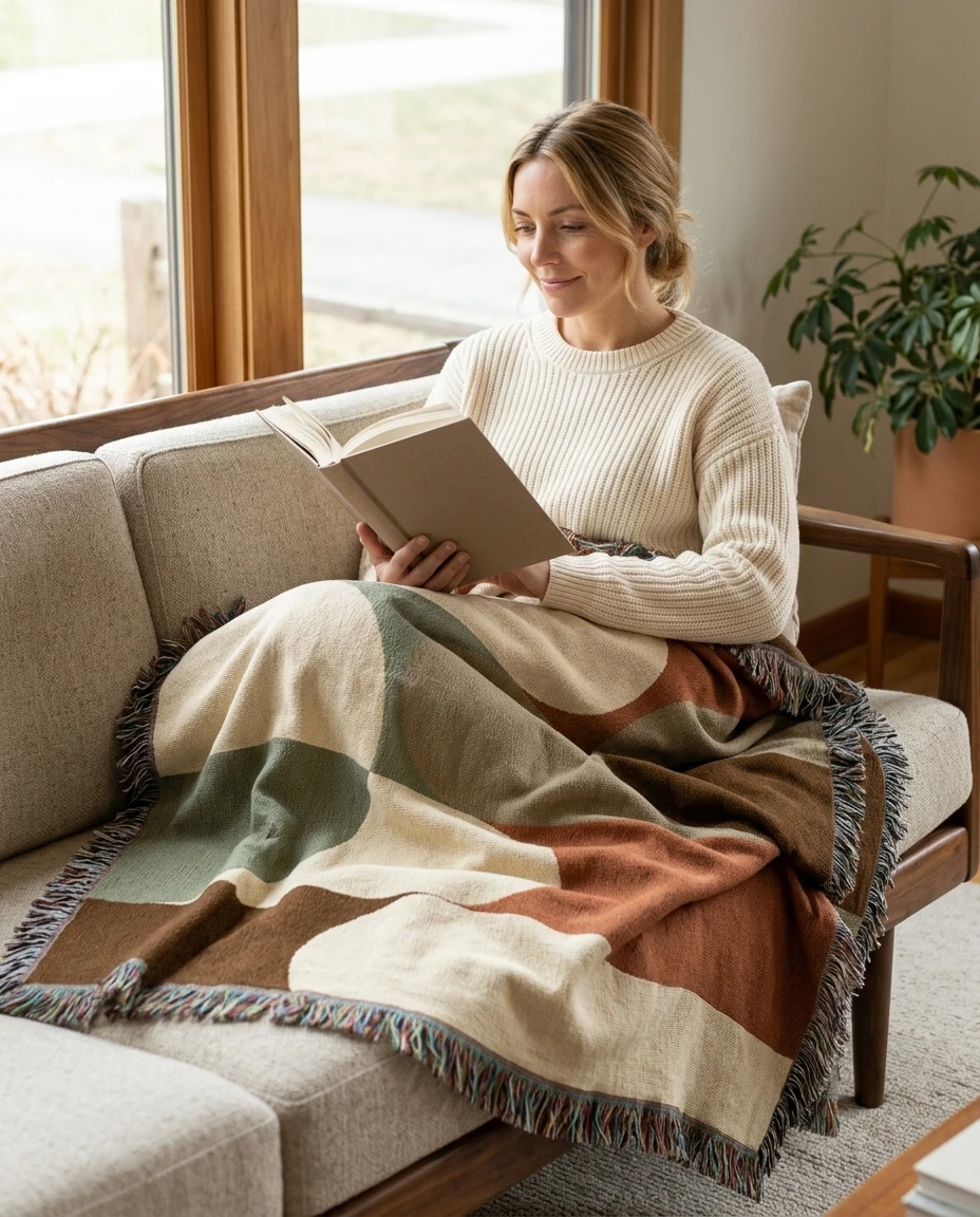 AI-generated mid-century shapes throw photography: reading on the sofa