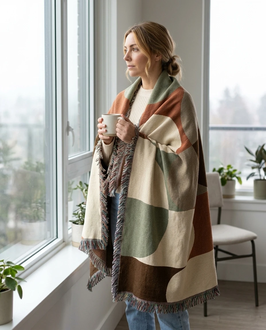 AI-generated mid-century shapes throw photography: wrapped up by the window