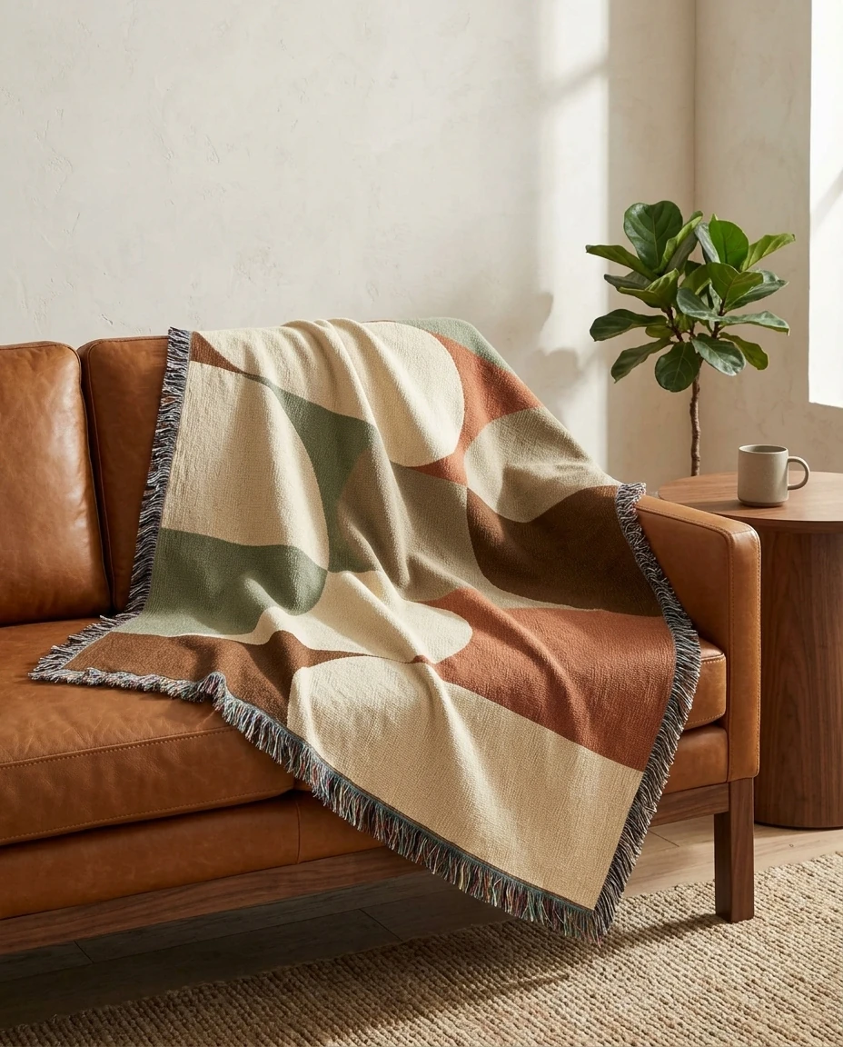 AI-generated mid-century shapes throw photography: over the leather sofa