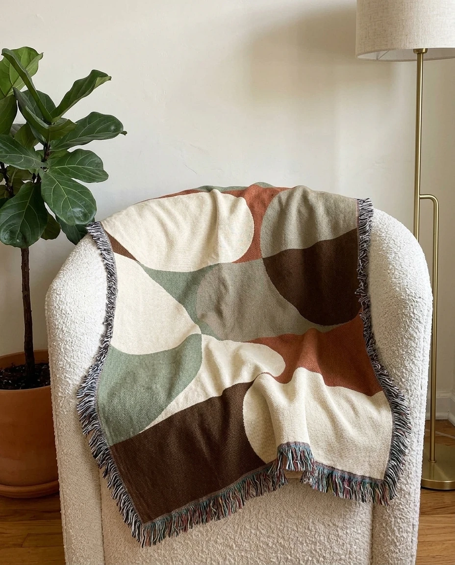 AI-generated mid-century shapes throw photography: armchair snapshot